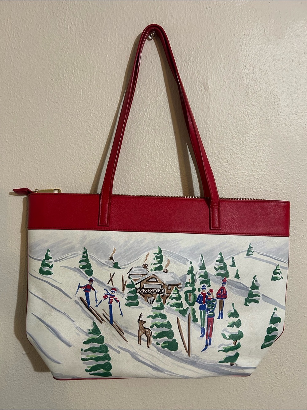Talbots Red and White Ski Scene Tote Bag Vegan Leather Winter